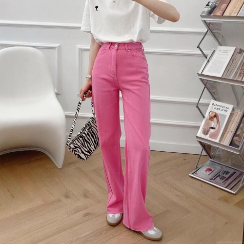 Women's 100% Cotton High Waisted Wide Leg Denim Jeans Straight Loose Fit Casual Streetwear Washed Solid Color Long Pants With Raw Hem Multi Colors