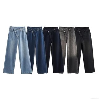 Women's High Waist Wide Leg Jeans Asymmetric Cross Waist Double Button Denim Pants Streetwear Loose Straight Trousers For Women
