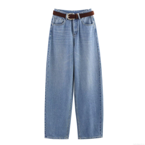 Women High Waisted Wide Leg Jeans With Brown Leather Belt Light Blue Washed Denim Pants Casual Loose Straight Trousers Streetwear Bottoms