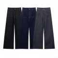 Women High Waist Wide Leg Jeans Summer Casual Streetwear Patchwork Raw Hem Elastic Polyester Denim Trousers For Ladies Loose Straight Fit Long Pants