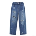 Women's Ripped Wide Leg Denim Jeans High Waisted Distressed Blue Cotton Streetwear Fashion Casual Summer Pants Long Trousers