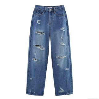 Women's Ripped Wide Leg Denim Jeans High Waisted Distressed Blue Cotton Streetwear Fashion Casual Summer Pants Long Trousers