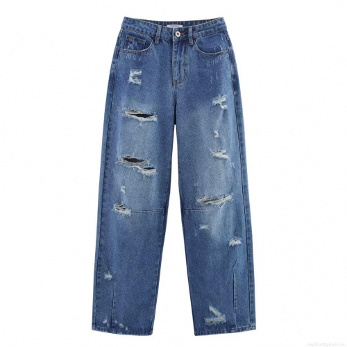 Women's Ripped Wide Leg Denim Jeans High Waisted Distressed Blue Cotton Streetwear Fashion Casual Summer Pants Long Trousers