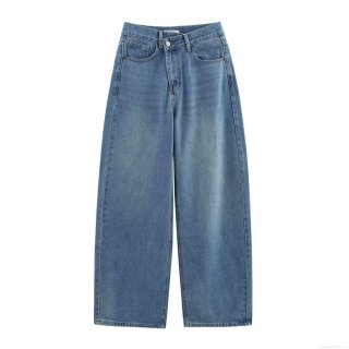 Women's 2025 Summer Casual Mid Waist Wide Leg Straight Denim Jeans Loose Fit Cotton Polyester Blend Trousers With Pockets Streetwear Blue Long Pants