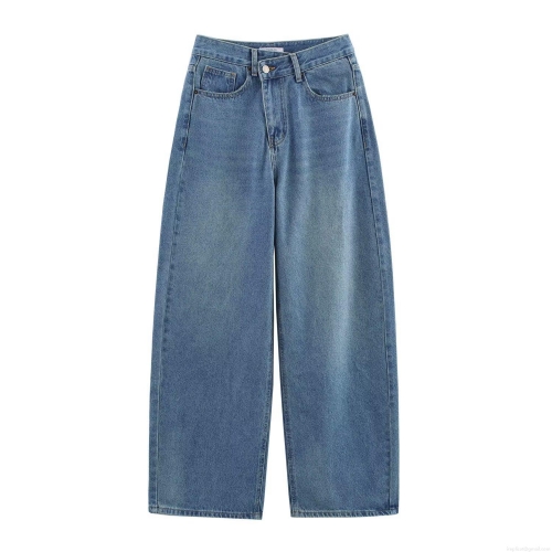 Women's 2025 Summer Casual Mid Waist Wide Leg Straight Denim Jeans Loose Fit Cotton Polyester Blend Trousers With Pockets Streetwear Blue Long Pants