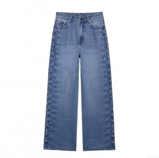 Women's Straight Leg Denim Jeans With Side Metal Bead Rivet Decoration High Waisted Wide Leg Polyester Pants Streetwear Casual Spring Summer