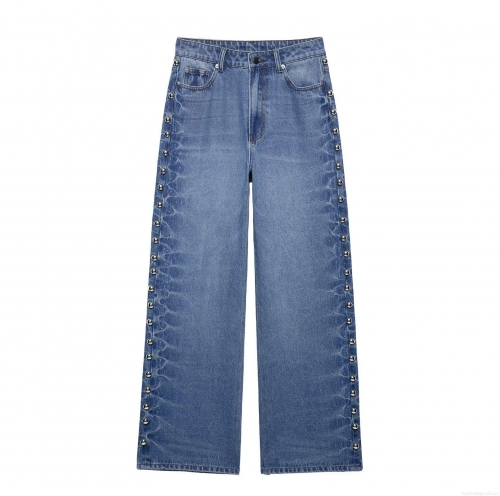 Women's Straight Leg Denim Jeans With Side Metal Bead Rivet Decoration High Waisted Wide Leg Polyester Pants Streetwear Casual Spring Summer