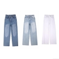 Women's High Waisted Asymmetric Cross Waist Straight Leg Jeans Washed Cotton Denim Pants Casual Streetwear Trousers White Royal Blue Light Blue