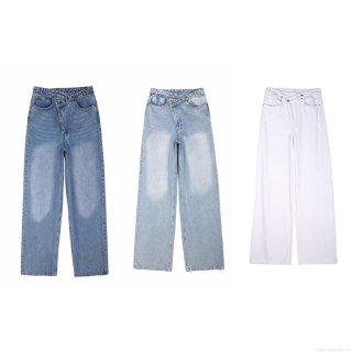 Women's High Waisted Asymmetric Cross Waist Straight Leg Jeans Washed Cotton Denim Pants Casual Streetwear Trousers White Royal Blue Light Blue