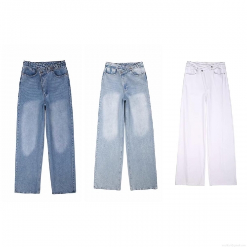 Women's High Waisted Asymmetric Cross Waist Straight Leg Jeans Washed Cotton Denim Pants Casual Streetwear Trousers White Royal Blue Light Blue