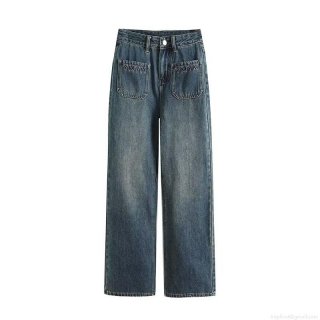 Women's Western Style Wide Leg Jeans Summer Embroidery Pockets Denim Pants Streetwear Loose High Waisted Casual Polyester Trousers For Women