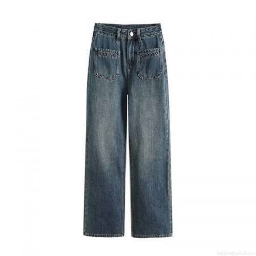 Women's Western Style Wide Leg Jeans Summer Embroidery Pockets Denim Pants Streetwear Loose High Waisted Casual Polyester Trousers For Women