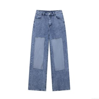 Women's Streetwear Mesh Patchwork Straight Leg Jeans Summer Y2K Royal Blue Denim Pants With Light Blue Patch Loose Trousers For Women