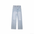 Women's Low Waist Washed Cotton Denim Jeans Distressed Ripped Straight Leg Trousers Fashion Streetwear Casual Pants For Ladies