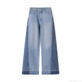 Women's Colorblock Patchwork Wide Leg Jeans High Waisted Cotton Polyester Denim Trousers Long Straight Pants with Raw Hem Streetwear