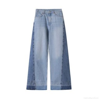 Women's Colorblock Patchwork Wide Leg Jeans High Waisted Cotton Polyester Denim Trousers Long Straight Pants with Raw Hem Streetwear