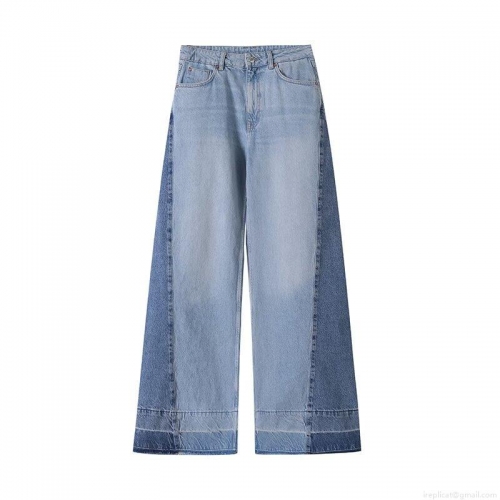 Women's Colorblock Patchwork Wide Leg Jeans High Waisted Cotton Polyester Denim Trousers Long Straight Pants with Raw Hem Streetwear