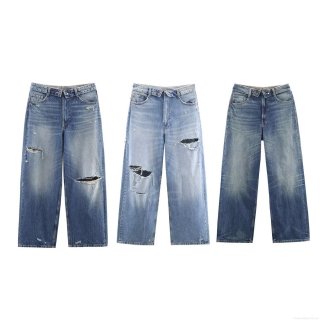 Women's Ripped Wide Leg Denim Jeans High Waisted Baggy Casual Straight Cut Cotton Blend Long Pants Streetwear Fashion Distressed Trouser