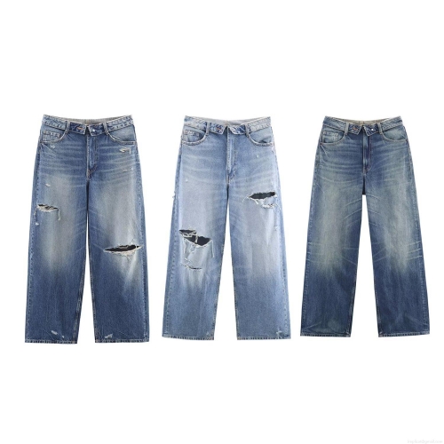 Women's Ripped Wide Leg Denim Jeans High Waisted Baggy Casual Straight Cut Cotton Blend Long Pants Streetwear Fashion Distressed Trouser