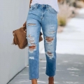 Women's Ripped Denim Jeans Slim Fit Light Blue Washed Distressed Stretchy Long Pants With Raw Hem For Streetwear Fashion Casual Trousers