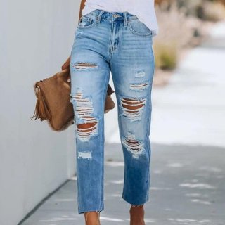 Women's Ripped Denim Jeans Slim Fit Light Blue Washed Distressed Stretchy Long Pants With Raw Hem For Streetwear Fashion Casual Trousers