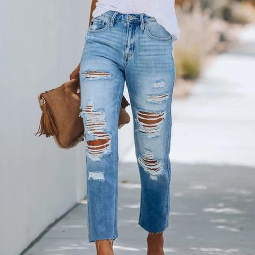 Women's Ripped Denim Jeans Slim Fit Light Blue Washed Distressed Stretchy Long Pants With Raw Hem For Streetwear Fashion Casual Trousers
