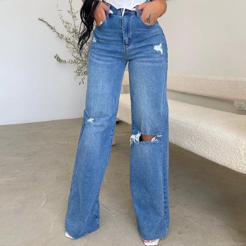 Women High Waisted Wide Leg Jeans Ripped Distressed Denim Pants Loose Baggy Straight Leg Trousers Casual Full Length Denim Jeans For Women