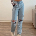 Women's High Waisted Ripped Straight Jeans Cotton Polyester Blend Denim Destructed Knee Hole Lace-up Split Hem Casual Commute Streetwear Long Denim Trousers