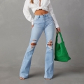 Women's High Waisted Ripped Flare Jeans Cotton Blend Washed Distressed Wide Leg Denim Long Pants Casual Streetwear Fashion
