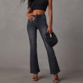 Women High Waisted Flare Jeans Denim Cotton Blend Slim Fit Bell Bottom Wide Leg Long Trousers With Pockets Casual Streetwear Washed Dark Grey Black Pants
