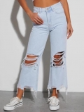 Women's Ripped Wide Leg Jeans High Waist Straight Loose Cotton Polyester Denim Pants With Distressed Raw Hem Light Blue Vintage Streetwear Fashion