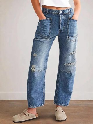 Women's Vintage Distressed Straight Leg Jeans Cotton Denim Ripped Patchwork Loose Fit Casual Long Pants With Big Pockets Streetwear Fashion