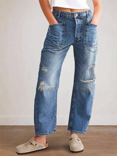 Women's Vintage Distressed Straight Leg Jeans Cotton Denim Ripped Patchwork Loose Fit Casual Long Pants With Big Pockets Streetwear Fashion