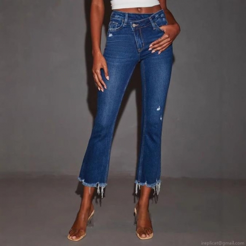 Women's Sexy Criss Cross High Waisted Flare Denim Jeans Distressed Raw Hem Cropped Capri Pants Slim Fit Stretchy Dark Blue Jeans