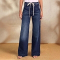 Women's High Waist Drawstring Denim Jeans High Stretch Polyester Blend Wide Leg Straight Leg Trousers Spring Sexy Streetwear Washed Frayed Hem Pants