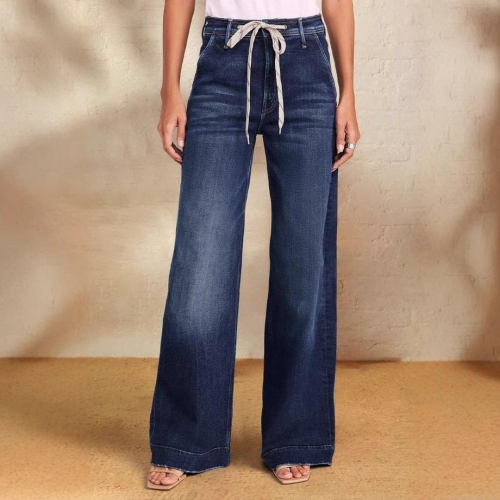 Women's High Waist Drawstring Denim Jeans High Stretch Polyester Blend Wide Leg Straight Leg Trousers Spring Sexy Streetwear Washed Frayed Hem Pants