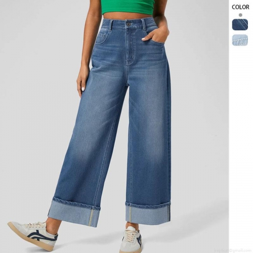 Women's High Waist Wide Leg Cuffed Jeans Distressed Washed Denim Cotton Blend Straight Leg Loose Fit Streetwear Casual Fashion Long Trousers