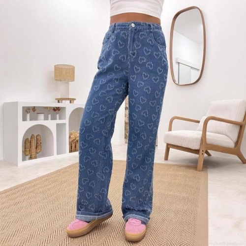 Women's High Waisted Heart Pattern Straight Leg Jeans Denim Washed 3D Fringed Heart Trousers Casual Streetwear Street Style Vintage Long Denim Pants
