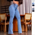 Women's High Waist Flare Jeans Elastic Waist 3-Button Bell Bottom Denim Pants Slim Fit Tummy Control Stretchy Long Trousers Casual Streetwear