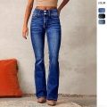 Women's High Waisted Flare Jeans Vintage Double Button Stretch Cotton Blend Denim Pants Washed Slim Fit Bell Bottom Trousers for Daily Casual Streetwear