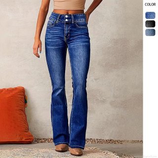 Women's High Waisted Flare Jeans Vintage Double Button Stretch Cotton Blend Denim Pants Washed Slim Fit Bell Bottom Trousers for Daily Casual Streetwear