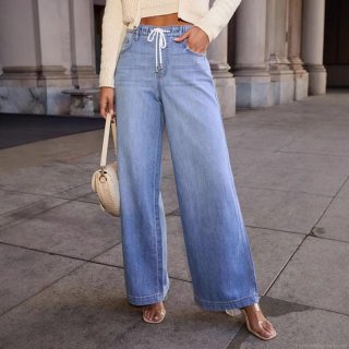 Women High Waist Wide Leg Denim Pants Drawstring Elastic Waist Loose Jeans Light Blue Washed Long Trousers Streetwear Casual Fashion Bottoms for Ladies