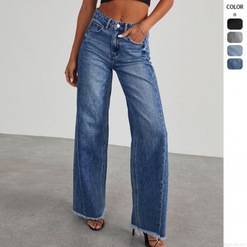 Women's High Waist Wide Leg Jeans Raw Hem Washed Denim Polyester Blend Pants Baggy Straight Trousers for Women Casual Streetwear
