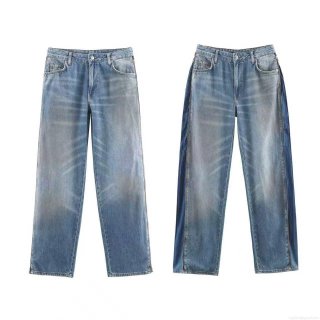 Women's Fashion Mid Waist Straight Leg Denim Jeans With Side Zipper Washed Vintage Blue Polyester Spandex Long Pants For Women Casual