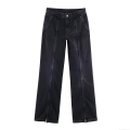 Women's Retro Washed Black Denim Jeans Fashion Mid Waist Wide Leg Pants With Hem Zipper Detail Casual Straight Leg Trousers For Women