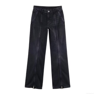 Women's Retro Washed Black Denim Jeans Fashion Mid Waist Wide Leg Pants With Hem Zipper Detail Casual Straight Leg Trousers For Women
