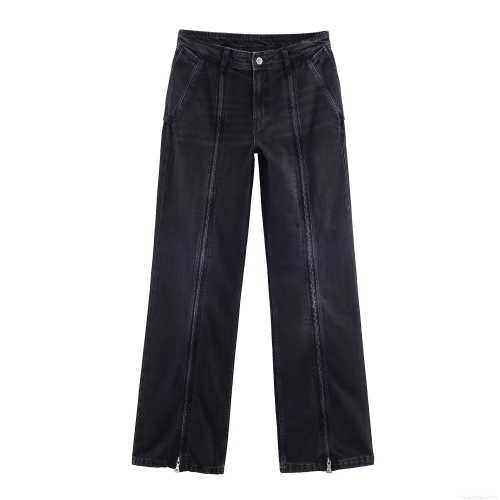 Women's Retro Washed Black Denim Jeans Fashion Mid Waist Wide Leg Pants With Hem Zipper Detail Casual Straight Leg Trousers For Women