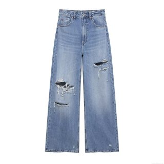 Women's Ripped Wide Leg Denim Jeans Distressed Washed Cotton Polyester Blend Pants High Waist Casual Straight Trousers Streetwear For Women