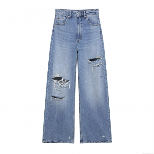 Women's Ripped Wide Leg Denim Jeans Distressed Washed Cotton Polyester Blend Pants High Waist Casual Straight Trousers Streetwear For Women