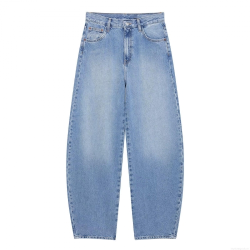 Women's High Waist Denim Jeans Fashion Curved Silhouette Washed Cotton Blend Pants Casual Loose Streetwear Trousers For Women Lady Blue